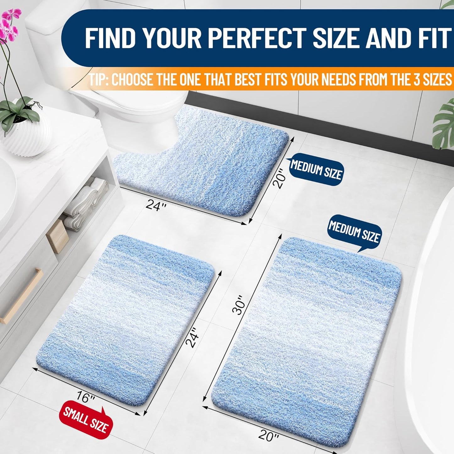OLANLY Large Bath Rugs - Extra Soft Microfiber, Quick Dry & Washable | 40x24 Light Blue Mat