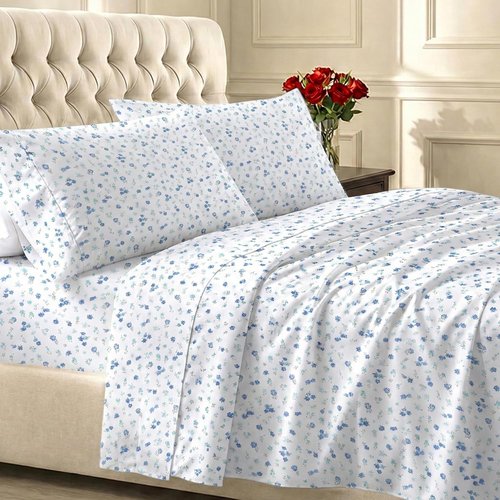 California Design Den Twin XL Cotton Sheet Set - 400 Thread Count, Award-Winning Sateen Finish, Floral White/Blue