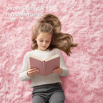 OLANLY 2x4 Machine Washable Runner Rug - Soft Fluffy Shaggy Bedroom & Hallway Carpet | Pink Home Decor