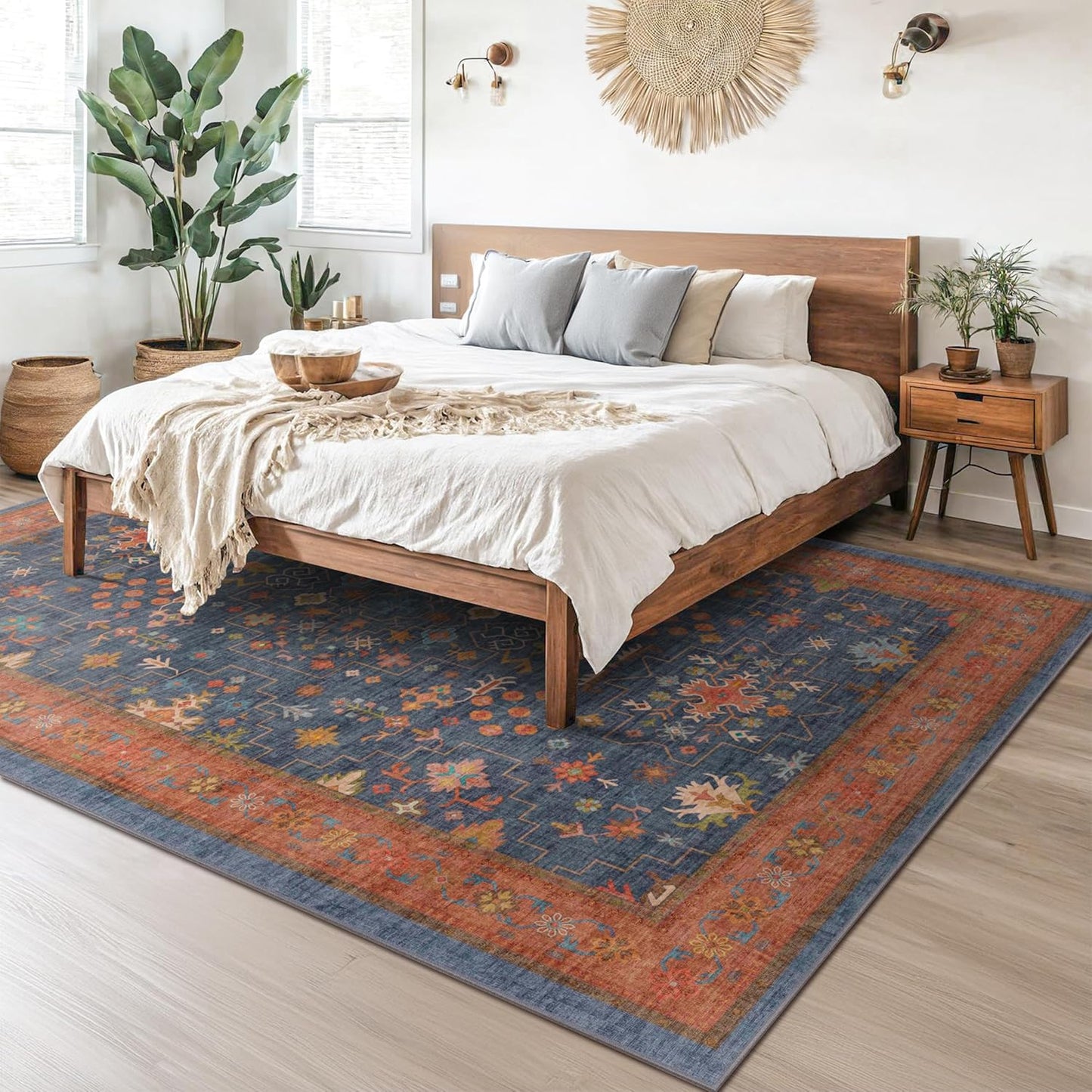 Skiennix Navy Blue Area Rug - Washable Low Pile Non-Slip Design | Vintage Boho 9x12 for Living Room & Dining Room