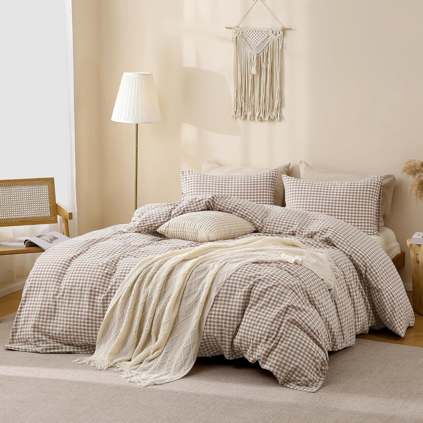 TOCOMOA Tan Gingham Duvet Cover Set - 100% Washed Cotton, Super Soft & Comfy | Queen Size (90"x90")