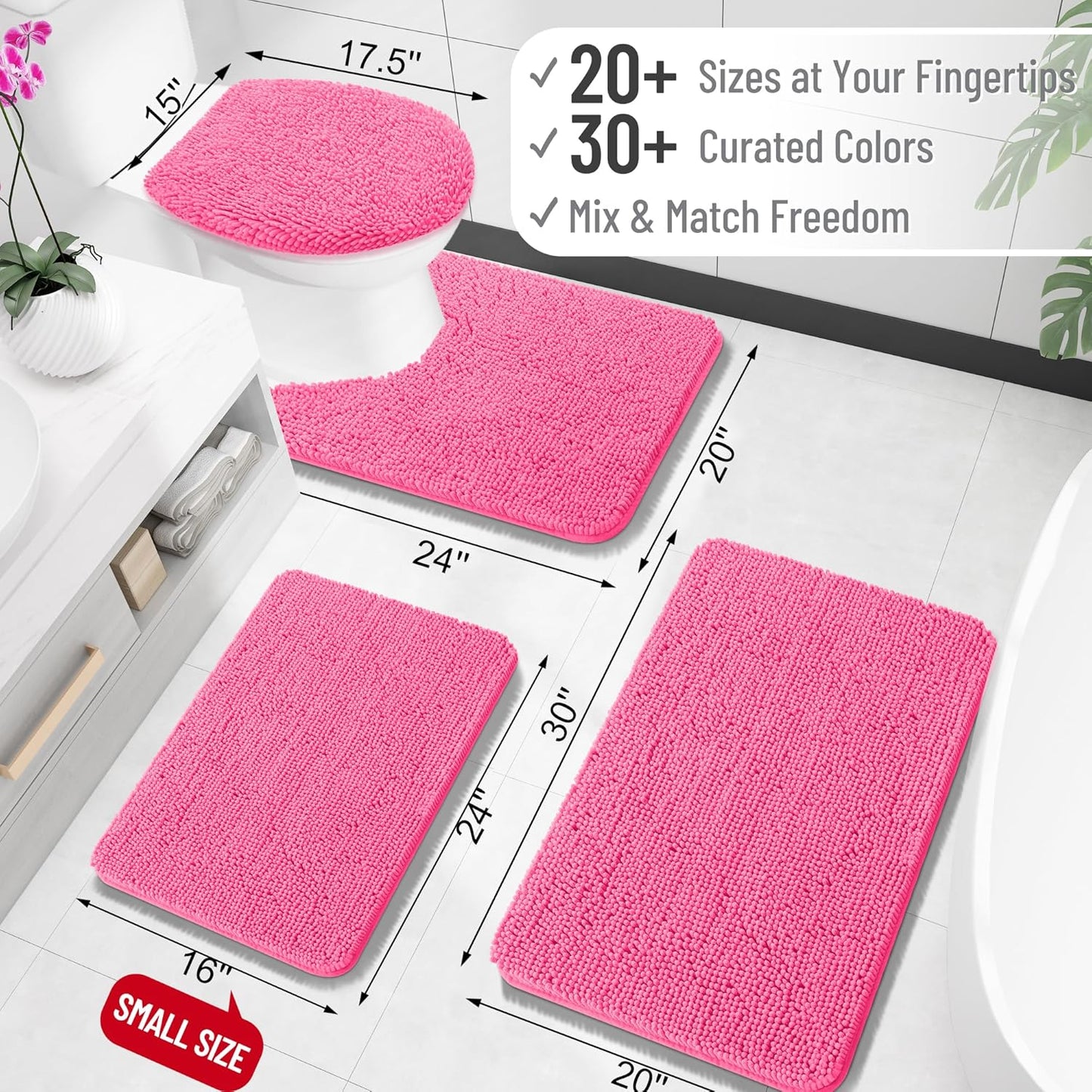 OLANLY Bath Rugs - Extra Soft Chenille with Rubber Backing | Quick-Dry, Machine Washable, 34x21, Hot Pink