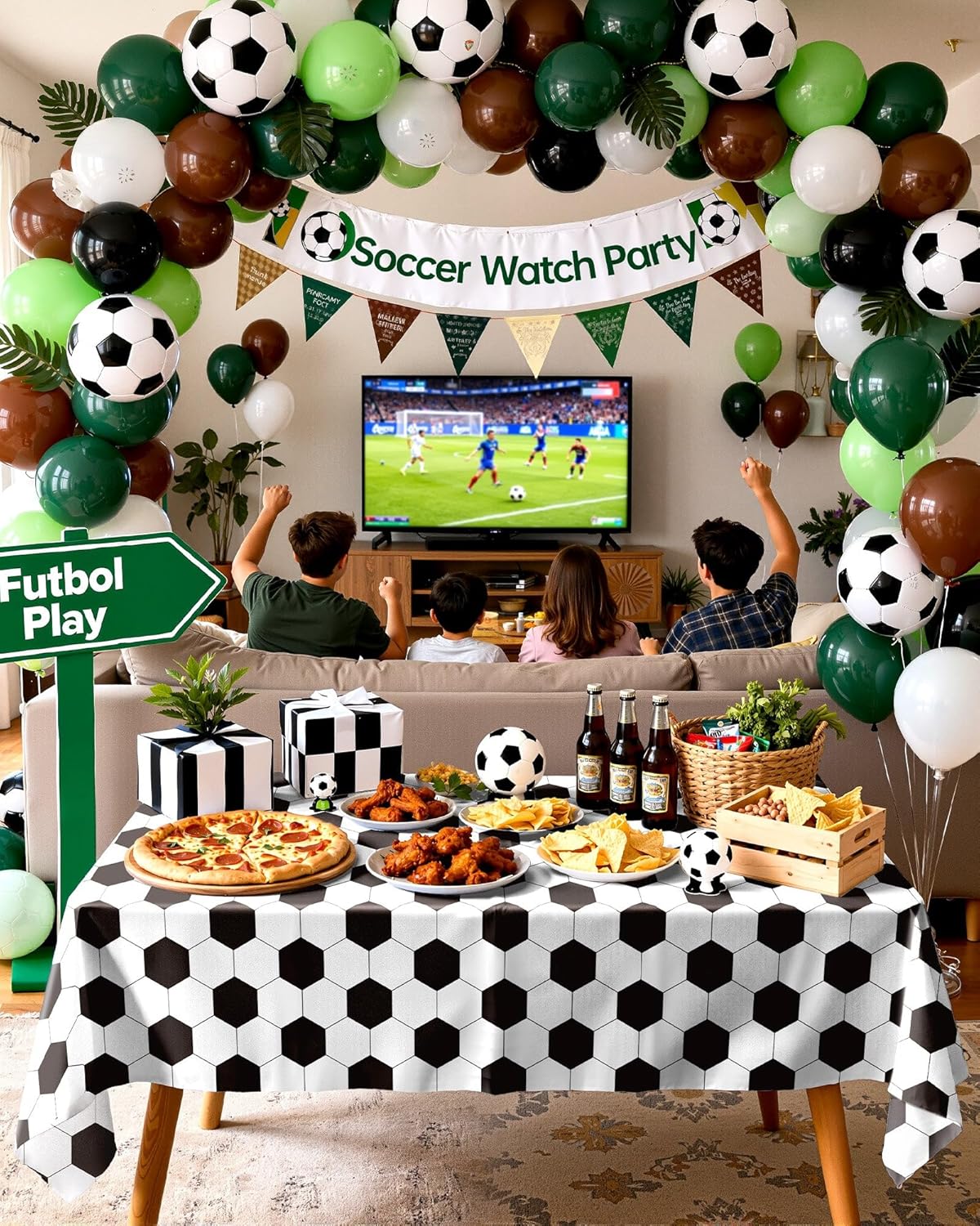 Pureegg Soccer Tablecloths - Disposable Plastic Covers for Soccer Birthday Parties | 54 x 108 Inch, 10 Pack, Green & White