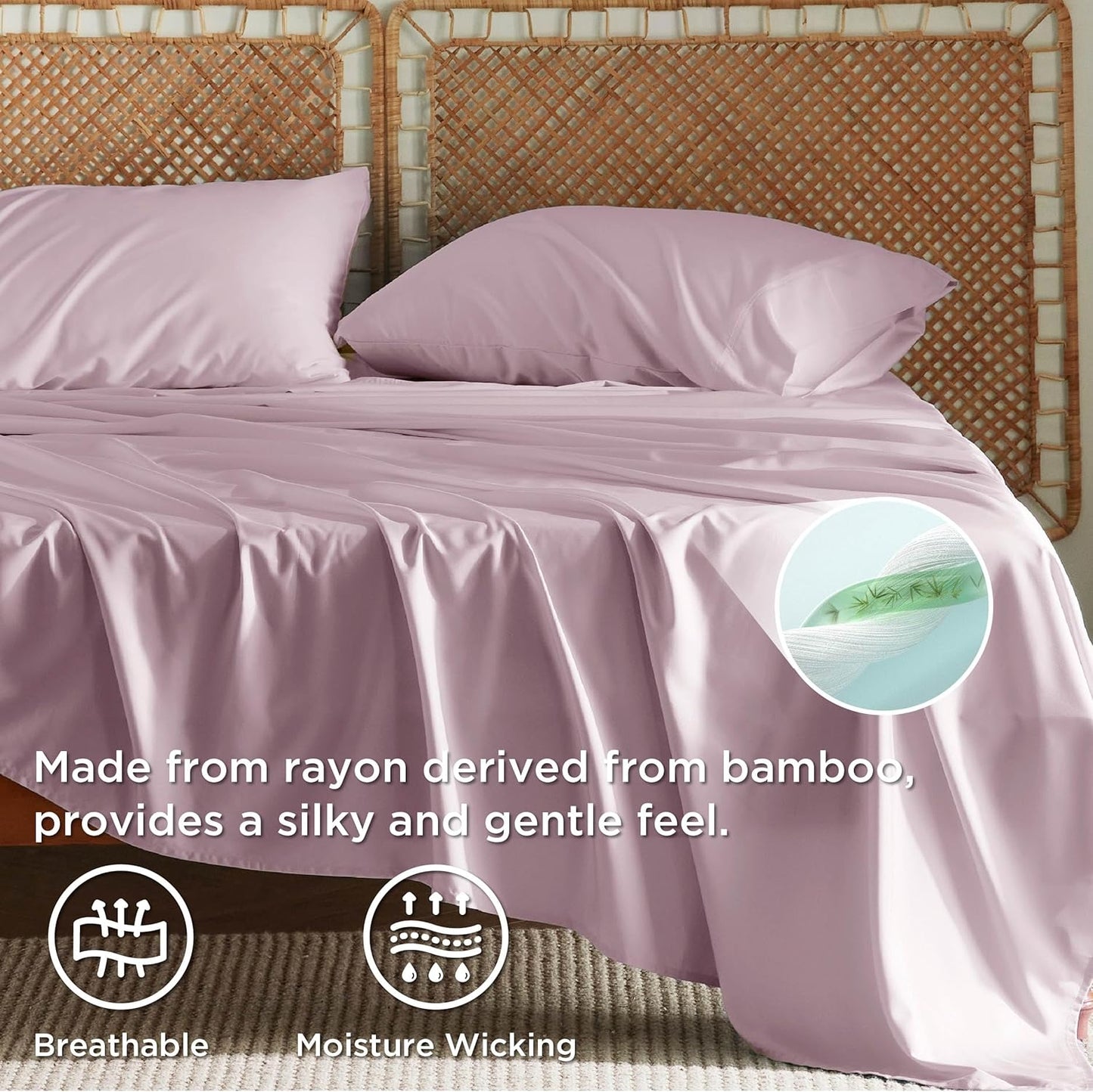 Bedsure Cooling Bed Sheets - Breathable Rayon from Bamboo | Soft, Deep Pocket Up to 16 Inches, Lavender