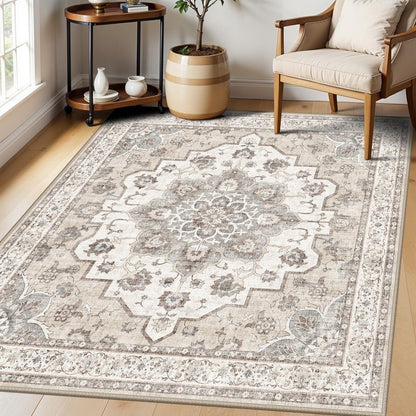 Washable 5 x 5 Square Area Rug: Water Resistant Durable Rugs Low Pile Soft Kitchen Carpet with Non-Slip Backing Indoor Oriental Non-Shedding Floor Carpets for Bedroom Entryway Home Decor (5x5,Beige)