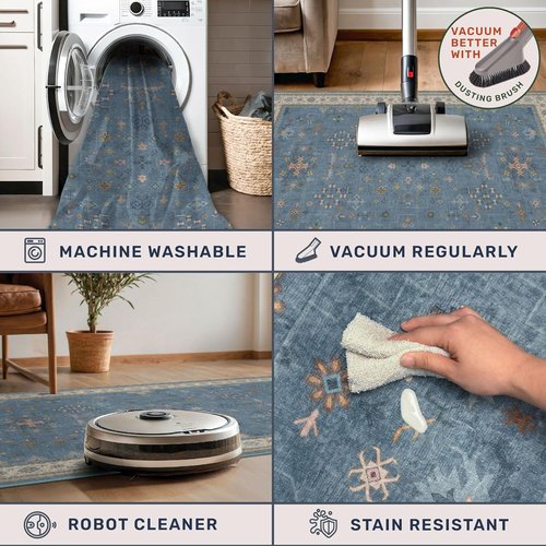 Hazo Haus Non-Slip 10ft Hallway Runner Rug - Washable & Waterproof Blue 2x10 Kitchen Mat | Modern Boho Design