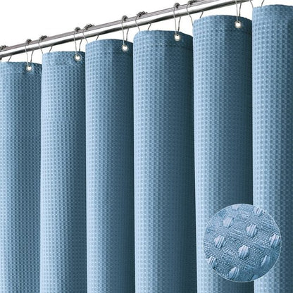 Dynamene Stall Fabric Shower Curtain - 36x72 Waffle Weave Weighted Cloth Shower Curtains for Bathroom, Neutral Heavy Duty Hotel Spa Luxury Bath Curtain Set with 6 Plastic Hooks, Moonlight Blue