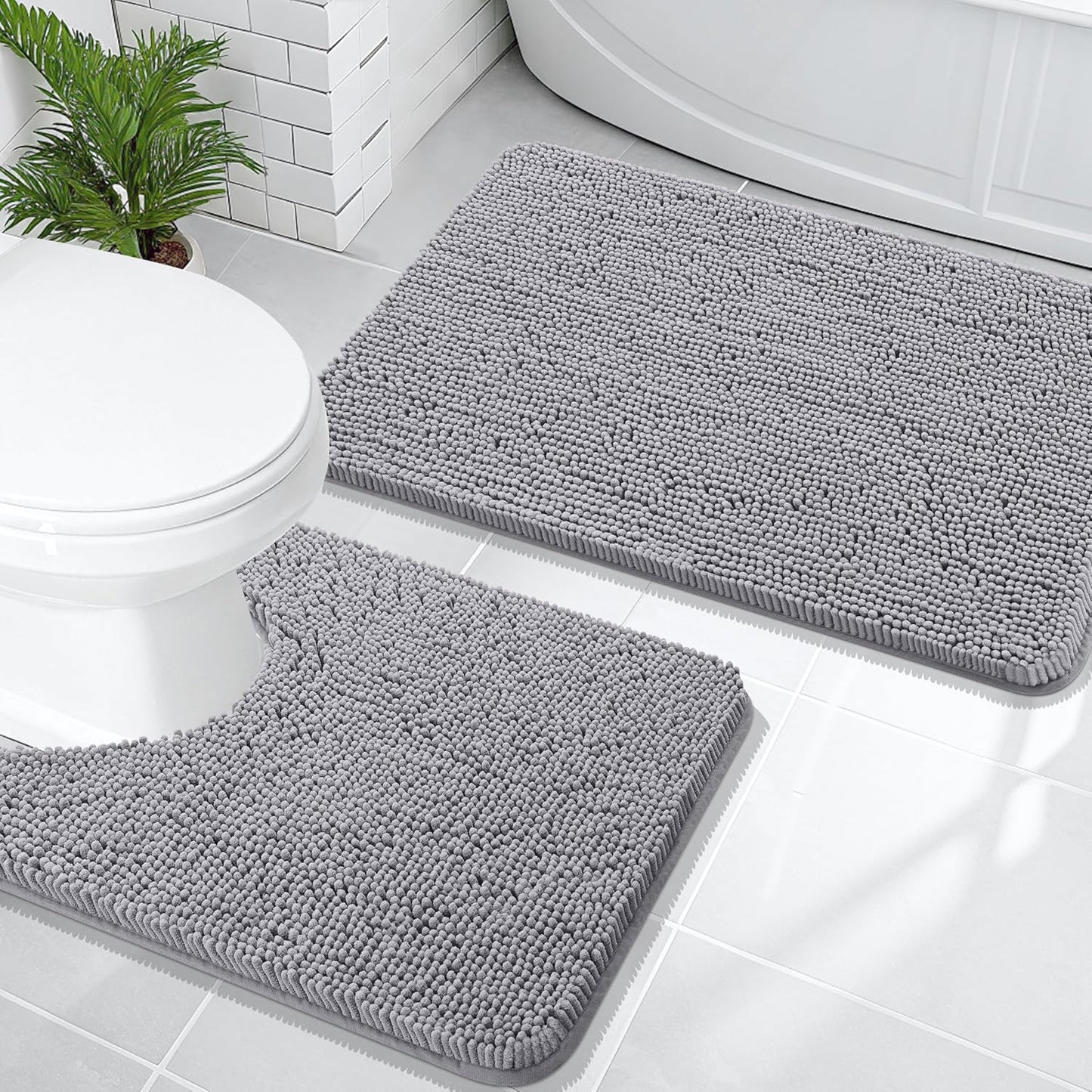 OLANLY Chenille Bath Rug Set - U-Shaped Toilet Rugs & Bath Mat | Grey, 3-Piece Bundle (30x20 & 24x20)