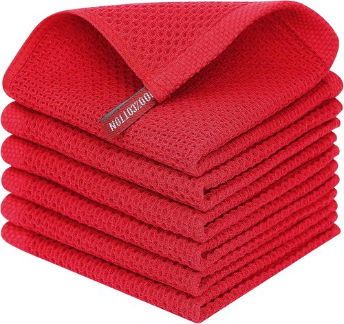 Homaxy Kitchen Dish Cloths - 100% Cotton Waffle Weave, Ultra Soft & Absorbent, 12x12 Inches, 6-Pack, Red