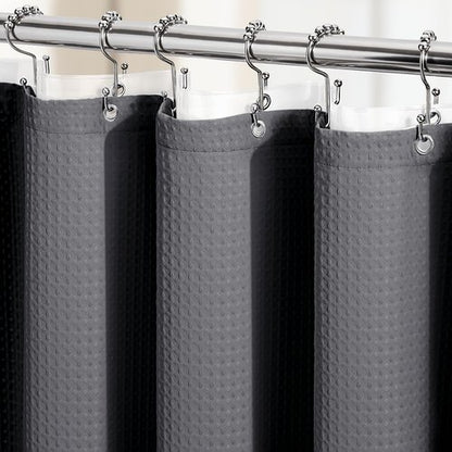 Dynamene Extra Long Shower Curtain and Liner Set - 96 inch Tall Waffle Fabric, Waterproof Clear Liner, Heavy Duty Weighted Hotel Luxury Shower Curtains for Bathroom with 12 Hooks, 72x96, Charcoal Grey