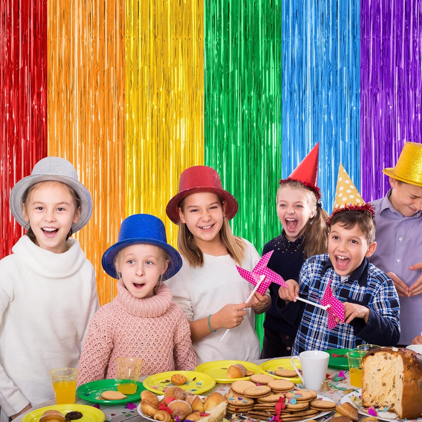 Skiennix Rainbow Backdrop - 12 Pack Metallic Fringe Curtains | 3.28 FT x 7.05 FT Pride Party Decor