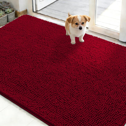 OLANLY Dog Door Mat - Absorbent Non-Slip Chenille for Muddy Paws | Quick Dry, 50x30, Red