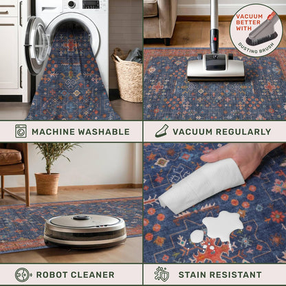 Regine Switzerland Washable 10 ft Long Hallway Runner Rug - Navy Blue, Pet-Friendly & Non-Slip Design