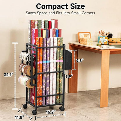 Aquzee Gift Wrapping Paper Organizer - Vertical Storage Cart with 9 Adjustable Rods & Ribbon Holders - Black