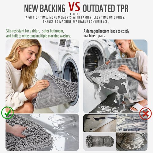 Yimobra Bathroom Rugs Non Slip Washable 32x20 Inch - Ultra Soft Absorbent Chenille Bath Mat, Quick Dry Shaggy Floor Carpet for Tub Shower, Gray Home Decor Accessories