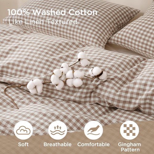 TOCOMOA Tan Gingham Duvet Cover Bedding Set 100% Washed Cotton Like Linen Feel Super Soft Comfy 3 Piece Brown Vintage Plaid Checkered Fall Comforter Cover Set (Queen 90"x90", Comforter Not Included)