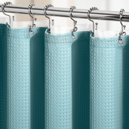 Dynamene Teal Shower Curtain and Liner Set, Waffle Weave Fabric, Waterproof Clear Liner, 256GSM Heavy Duty Weighted Hotel Luxury Cloth Shower Curtains for Bathroom with 12 Plastic Hooks, 72Wx72H