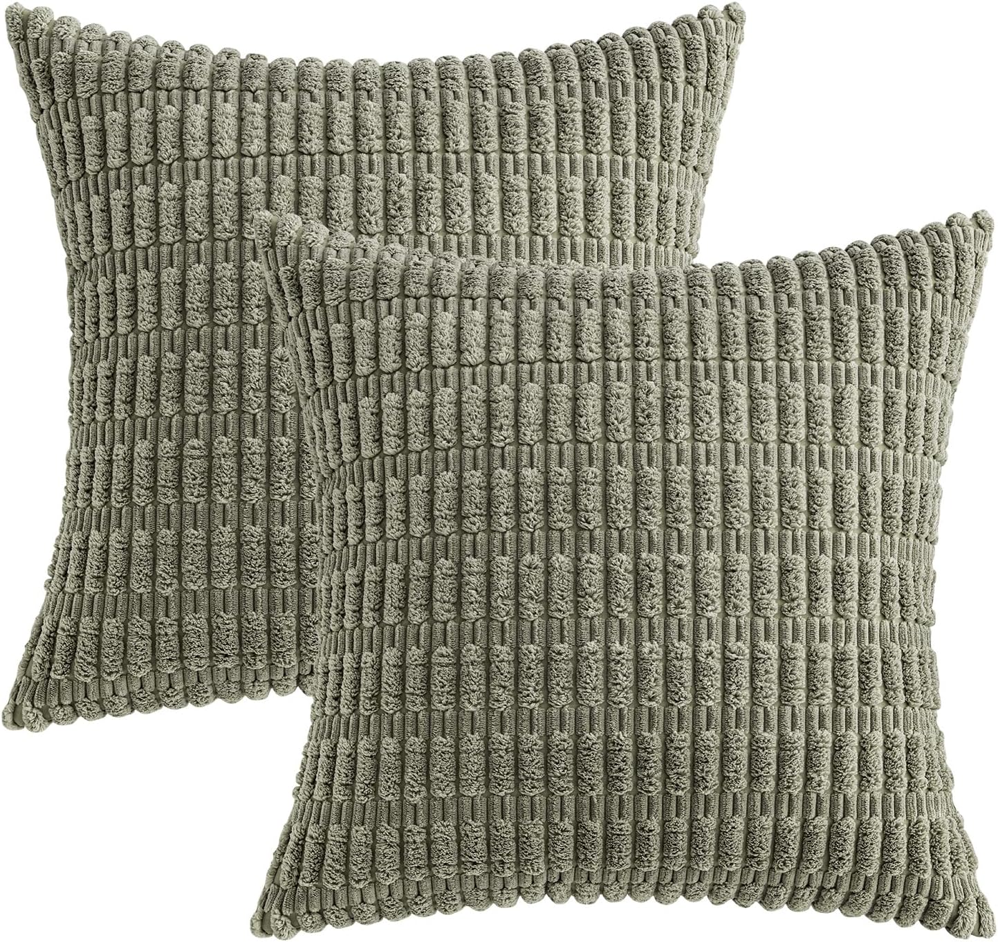 MIULEE Corduroy Throw Pillow Covers - Soft Boho Striped Design | 20x20 Inch Light Olive Green (Set of 2)