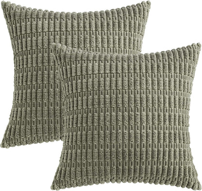 MIULEE Corduroy Throw Pillow Covers - Soft Boho Striped Design | 18x18 Inch Light Olive Green for Modern Home Decor