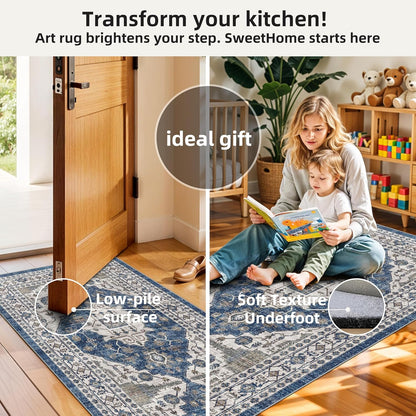 Skiennix Washable Kitchen Floor Mats - Non-Slip Water-Resistant Rugs for Easy Cleaning | 4-Piece Set in Blue