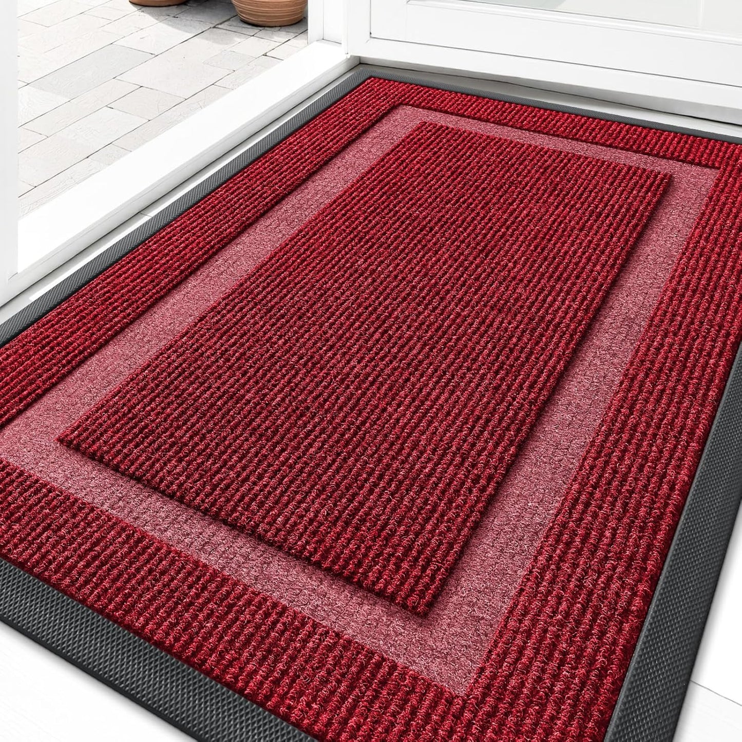 OLANLY Waterproof Front Door Mat - All-Season, Sturdy Natural Rubber, Easy Clean | 33x21, Wine Red