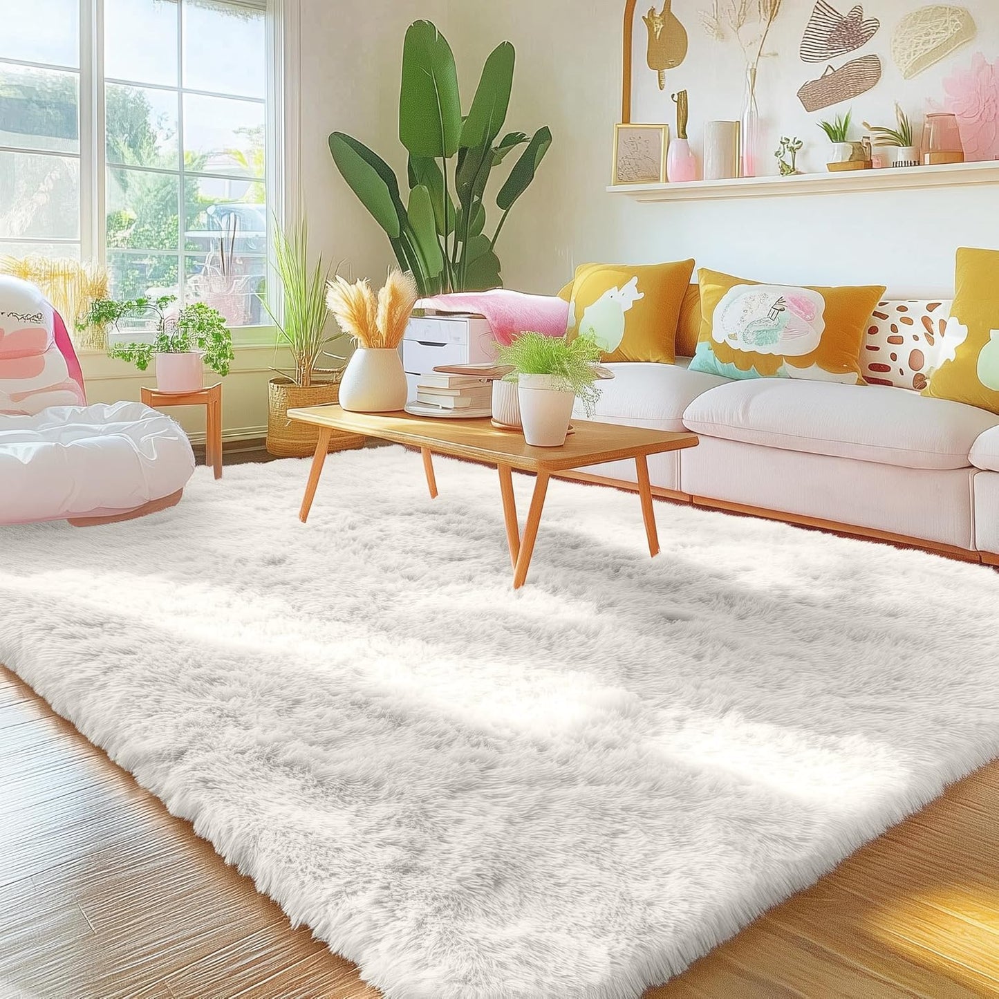 OLANLY Area Rug - Soft, Fluffy Shaggy Design for Living Room or Bedroom | Machine Washable Ivory 4x8