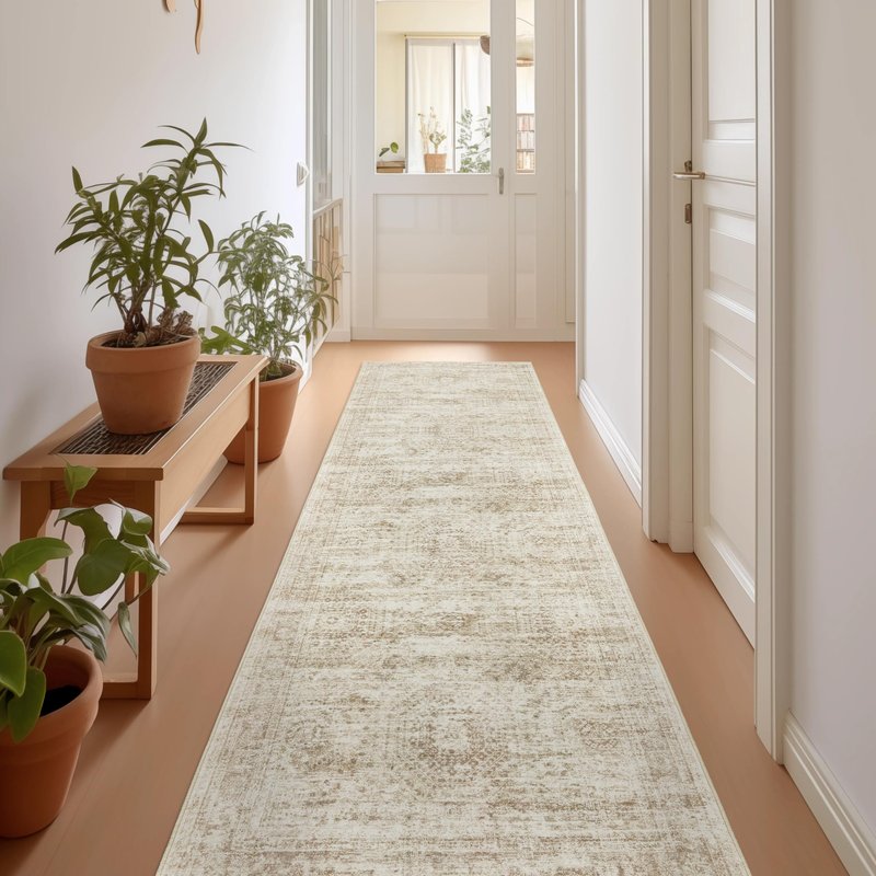 Restydon Rug Runners for Hallways Non Slip - 2x8 Runner Rug for Bedroom, Washable Runner with Rubber Backing, Soft Low-Pile Carpet for Kitchen, Laundry, Bathroom (2'x8', Beige/Ivory)
