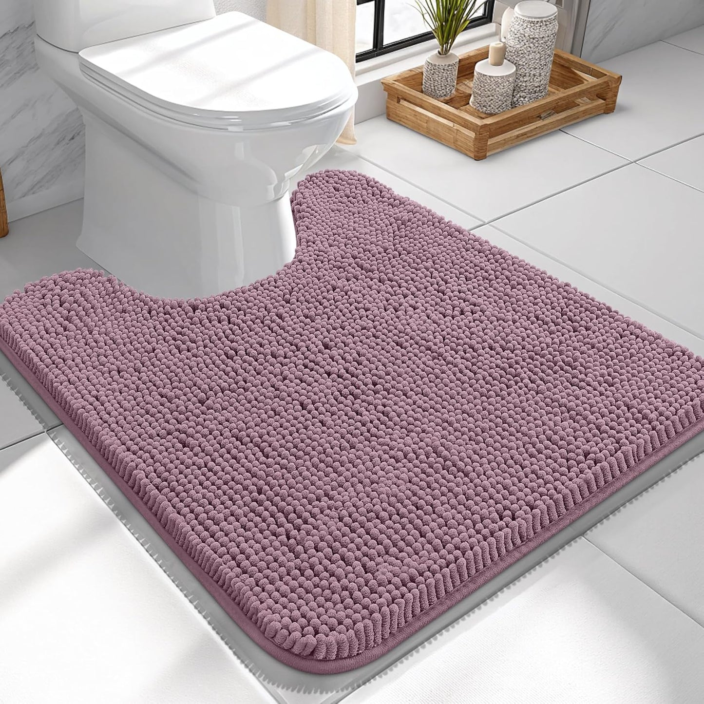 OLANLY U-Shaped Toilet Rugs - Extra Soft, Absorbent Chenille Bath Mat | 24x24, Deep Plum, Non-Slip