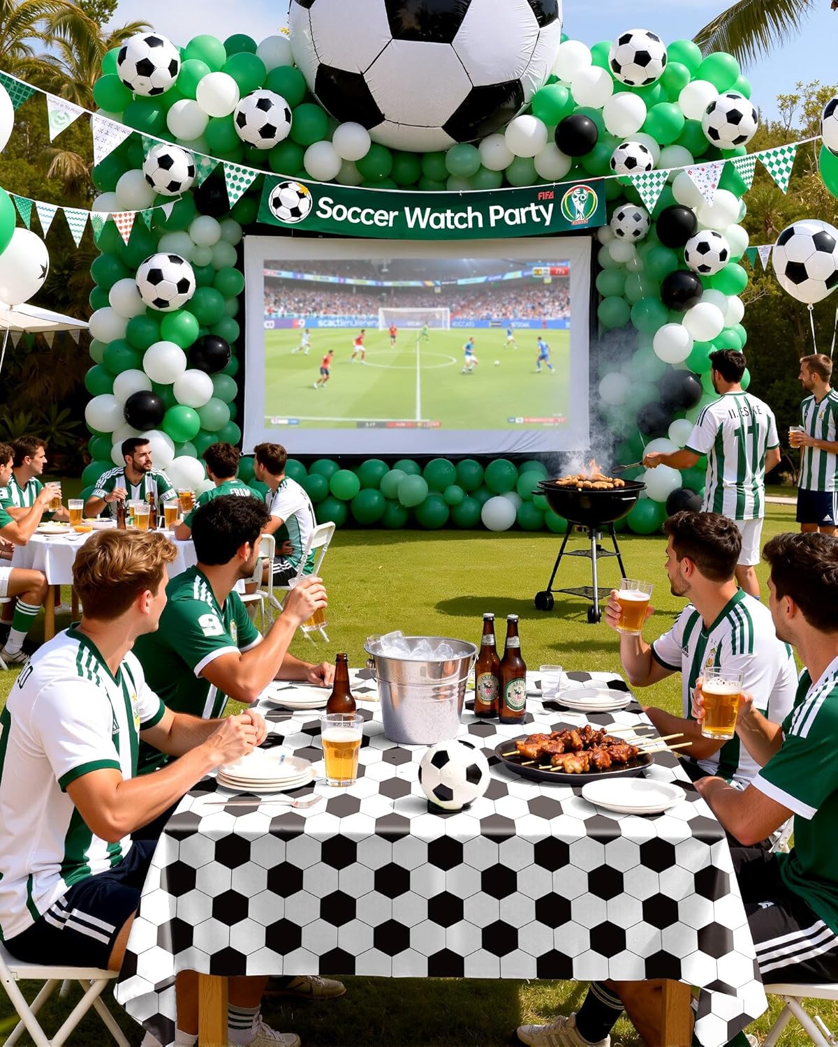 Pureegg Soccer Tablecloths - Disposable Plastic Covers for Soccer Birthday Parties | 54 x 108 Inch, 10 Pack, Green & White