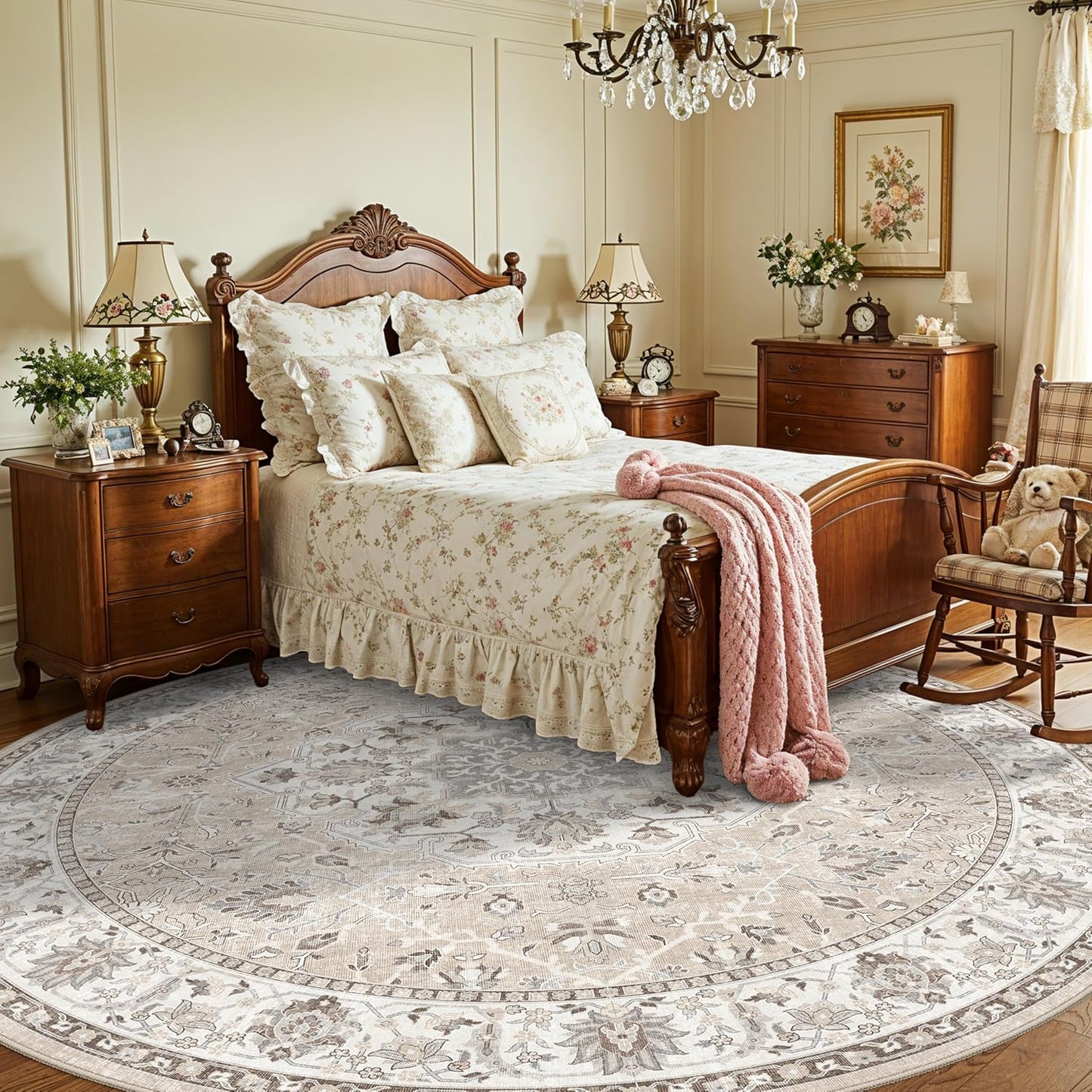 7x7 Living Room Area Rug - Washable Oriental Round Rug | Soft, Non-Slip, Stain-Resistant Beige Mat