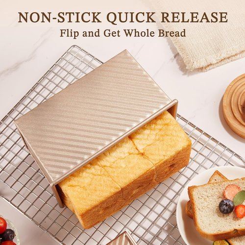 KITESSENSU Pullman Loaf Pan - Non-Stick Carbon Steel Bread Mold with Lid, 1 lb Capacity, Gold