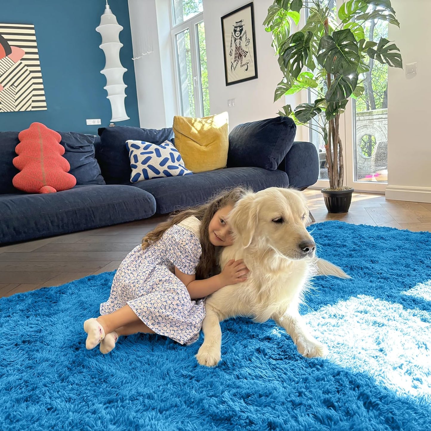 OLANLY Soft Fluffy 3x5 Machine Washable Bedside Rug - Bright Blue Shaggy Carpet for Kids & Home Decor