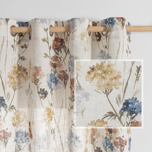 MYSKY HOME Floral Linen Curtains 84 inch Length 2 Panels Set Spring Flower Patterned Semi Sheer Light Filtering Privacy Farmhouse Grommet Drapes for Living/Dining Room, Yellow, W52 x L84, Pack-2