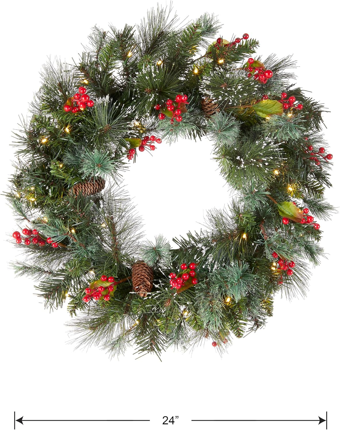 National Tree Company 24-Inch Pre-Lit Wintry Pine Flocked Christmas Wreath - 50 LED Lights, Pinecones & Berries
