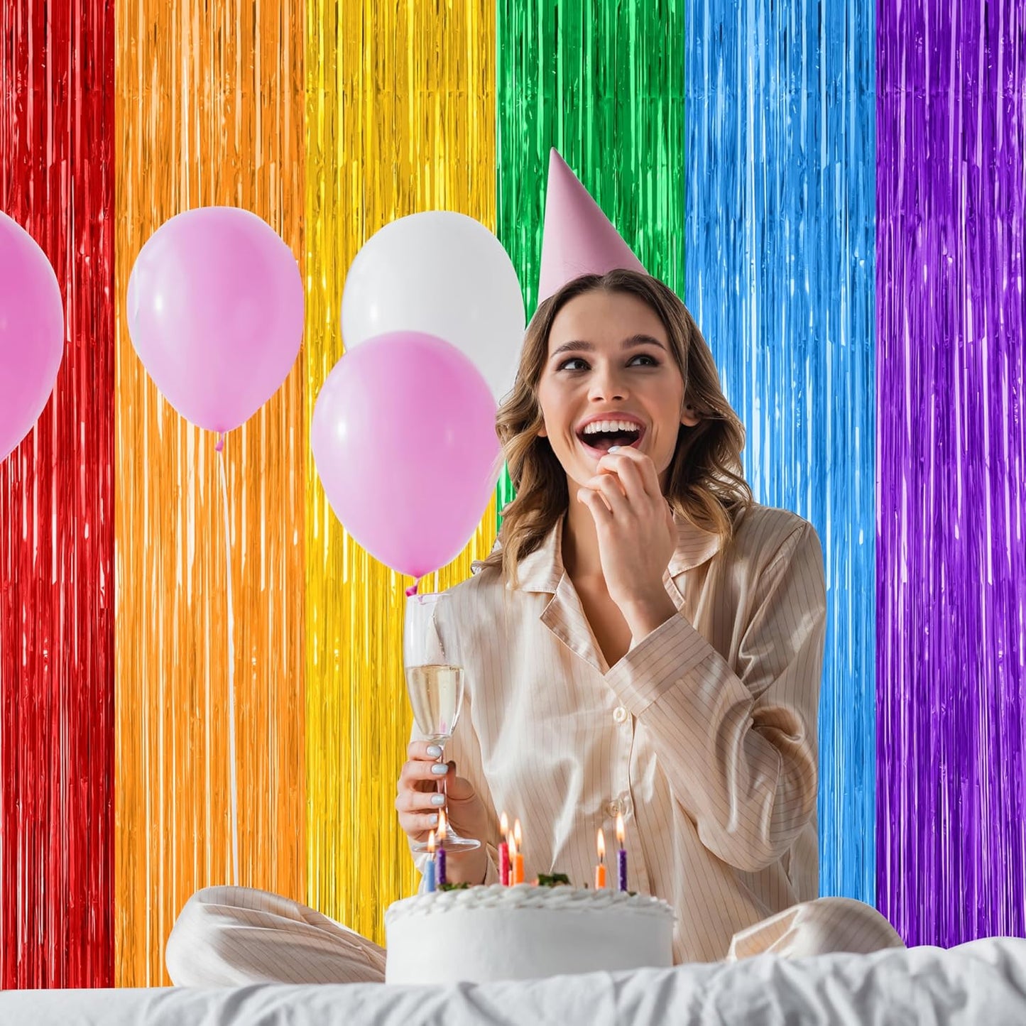 Skiennix Rainbow Backdrop - 12 Pack Metallic Fringe Curtains | 3.28 FT x 7.05 FT Pride Party Decor