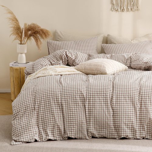 TOCOMOA Tan Gingham Duvet Cover Bedding Set 100% Washed Cotton Like Linen Feel Super Soft Comfy 3 Piece Brown Vintage Plaid Checkered Fall Comforter Cover Set (Queen 90"x90", Comforter Not Included)
