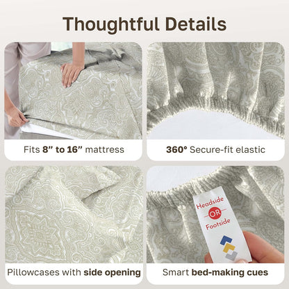 California Design Den King Size Cotton Sheets Set - 100% Soft Cotton, 400 TC, Award-Winning Comfort | Paisley Beige