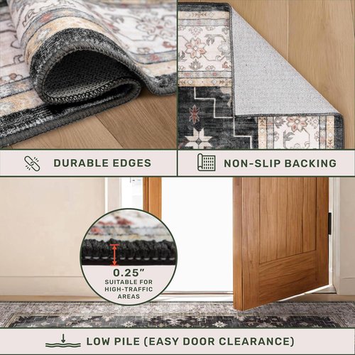 Boho Black Rug - Washable 10x14 Area Rug for Living Room & Dining Room | Soft Low Pile, Non-Slip, Stain Resistant