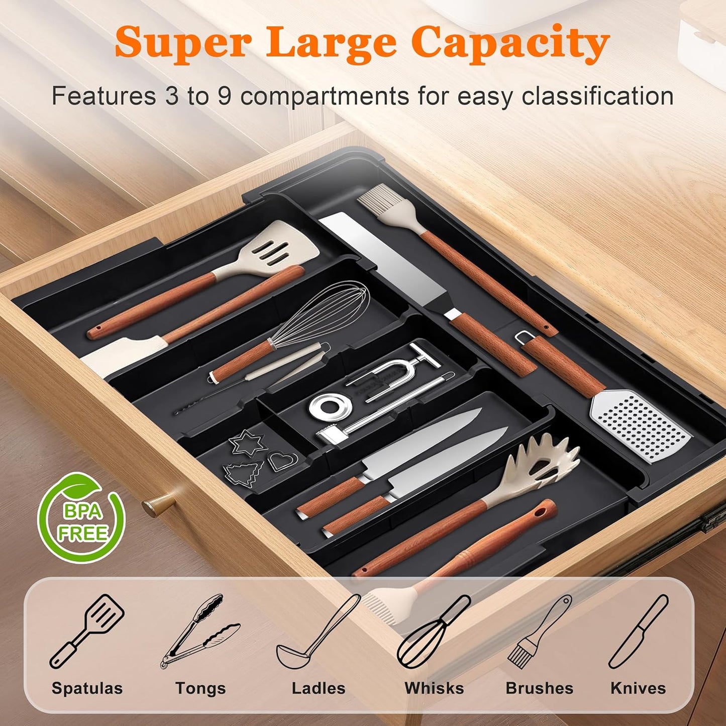 Spaclear Utensil Drawer Organizer - Expandable Silverware Holder for Kitchen | Adjustable Black Plastic Tray