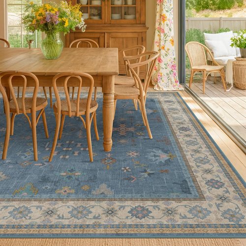 Boho 6x8 Living Room Rug - Modern Blue Lightweight Washable Carpet for Dining Room & Bedroom Décor