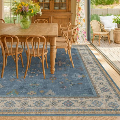 Boho 6x8 Living Room Rug - Modern Blue Lightweight Washable Carpet for Dining Room & Bedroom Décor