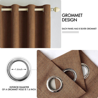 MIULEE 100% Blackout Linen Curtains - Thermal Insulated Brown Grommet Drapes | 52 x 108 Inch (2 Panels)