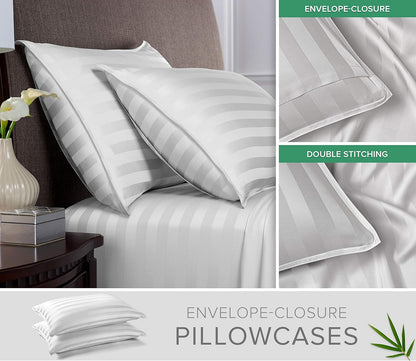 Pure Bamboo Queen Sheets - Luxuriously Soft 100% Organic Viscose Bed Sheet Set | Jacquard White, Double Stitching, 2-Year Quality Promise