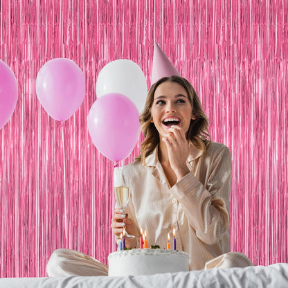 ZATAYE Pink Foil Fringe Curtains - 12 Pack Metallic Tinsel Backdrop for Parties | 3.28 FT x 7.05 FT