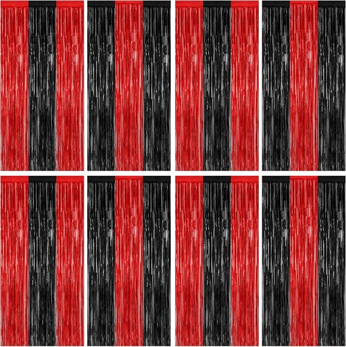 8 Pack Halloween Party Supplies - Red & Black Foil Streamer | 3.28 FT x 7.05 FT Metallic Fringe Curtains