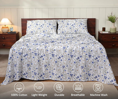 RUVANTI King Size Cotton Sheets - 100% Percale Bedding, Cooling Floral Design, 4-Piece Set, 16" Deep Pocket, Soft & Durable