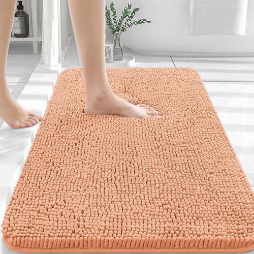 OLANLY Bathroom Rugs 45x27, Extra Soft Absorbent Chenille Bath Rugs, Rubber Backing Quick Dry, Machine Washable Bath Mats for Bathroom Floor, Tub and Shower, Home Decor Accessories, Peach