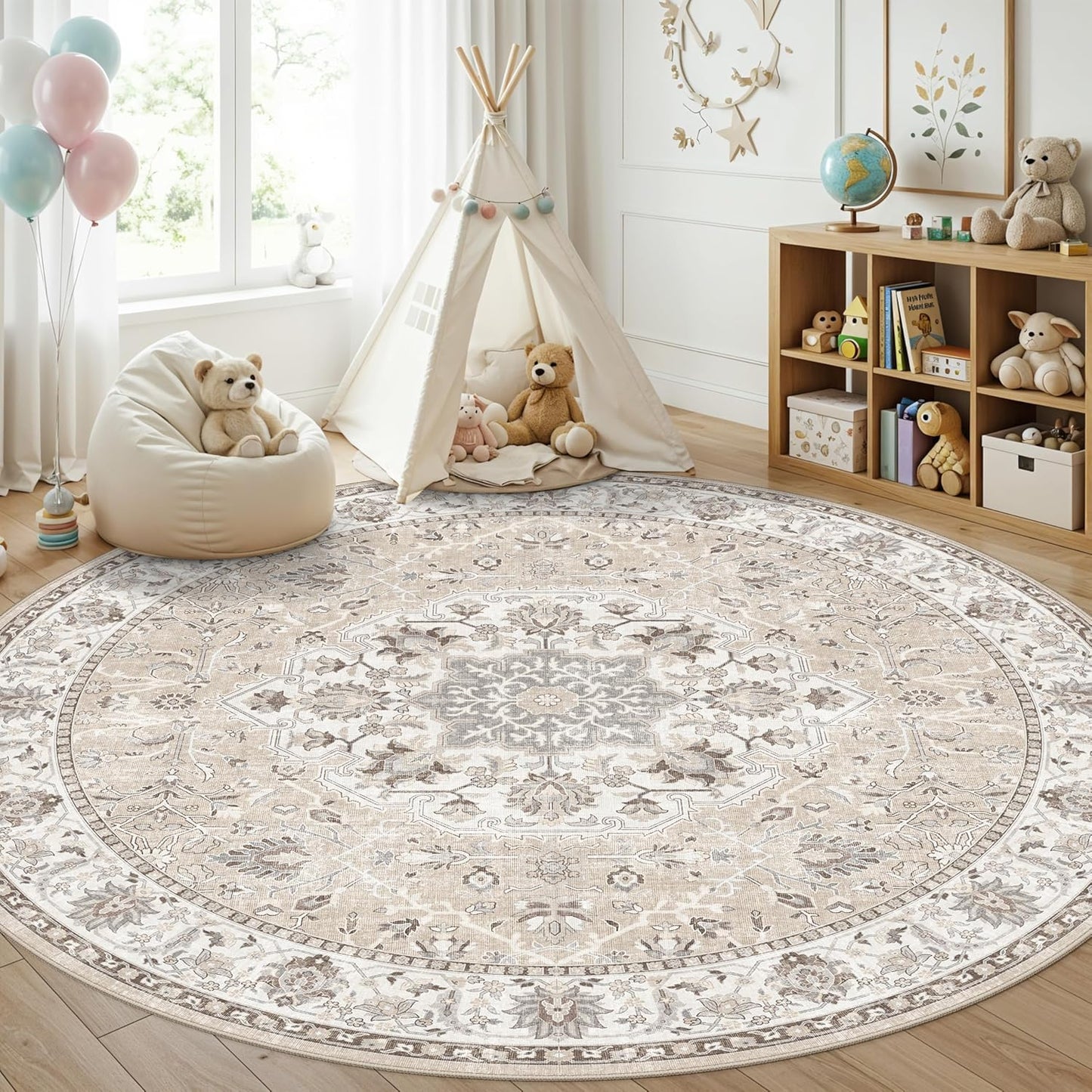Skiennix Washable 6ft Circle Round Rug - Soft Stain-Resistant Low-Pile Carpet for Living Room, Bedroom & Nursery | Beige