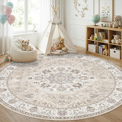 Skiennix Washable 6ft Circle Round Rug - Soft Stain-Resistant Low-Pile Carpet for Living Room, Bedroom & Nursery | Beige