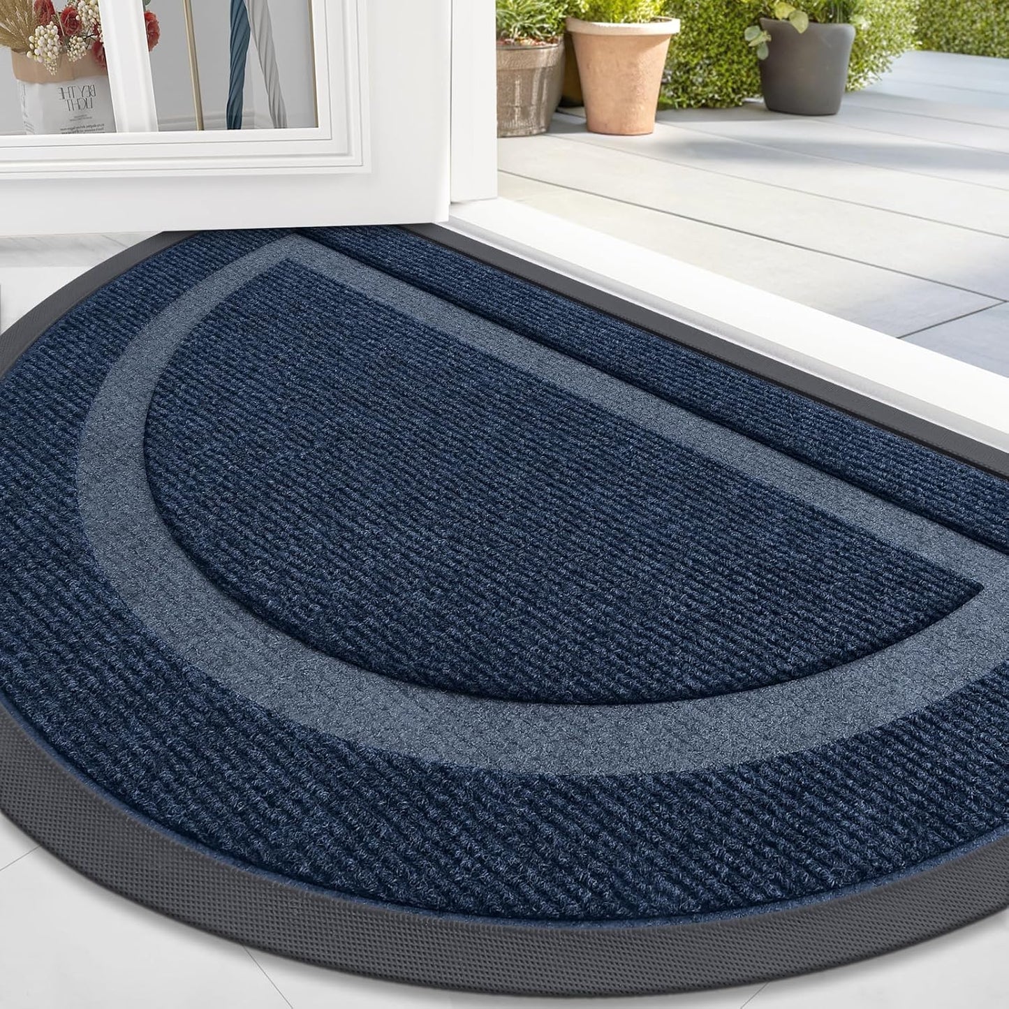 OLANLY Half Circle Door Mat - Waterproof All-Season Indoor/Outdoor Welcome Mat, 47x23, Blue